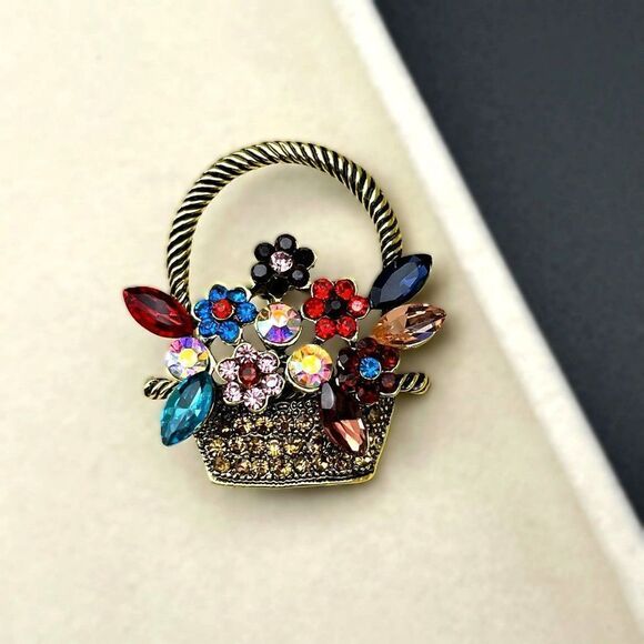 Yellow Gold with Multicolored Crystal Flower Basket Pin Back Brooch - Picture 4 of 7